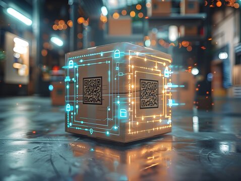 Digital Parcel Box with QR Codes and Augmented Reality Elements Representing Modern Technology and Logistics Concept