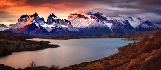 Majestic Mountain Range and Tranquil Lake at Sunset