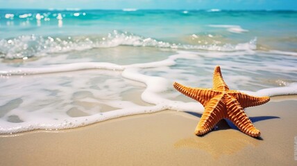Starfish on the beach in the sea. selective focus. Generative AI,