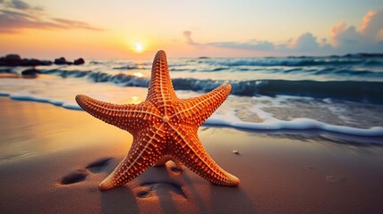 Fototapeta na wymiar Starfish on the beach in the sea. selective focus. Generative AI,