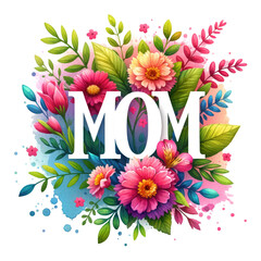 Obraz premium Mom text with flowers with transparent PNG background