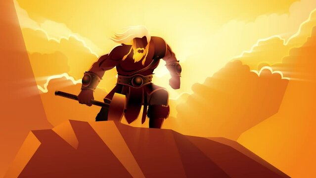 Ancient Viking warrior posing gallantly with his hammer on a rock. Perfect for historical content, gaming trailers, and epic storytelling, this motion graphic captures strength, bravery, and heroism