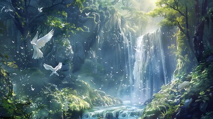 Obraz premium illustration, anime, art, cartoon, background, light, manga, cloud, style, sky, beautiful, japan, japanese, design, nature, landscape, vector, drawing, wallpaper, blue, fantasy, person, night, abstrac