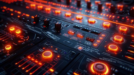 Obraz premium Podcast studio control panel with illuminated switches and meters