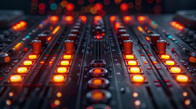 Podcast studio control panel with illuminated switches and meters