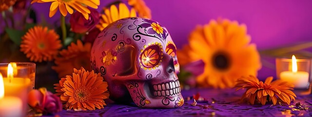 Skull candles and flowers for a holiday for the dead. Selective focus.