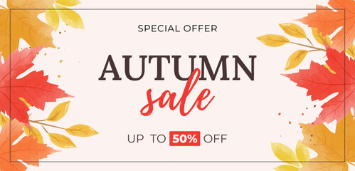Autumn sale layout decorated with watercolor leaves