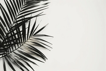 Fototapeta premium Black palm leaf silhouette on white background with copy space, tropical plant and summer concept design in the style of tropical plant and summer.