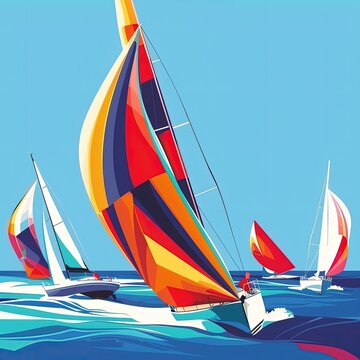 Sailboats racing in the ocean with a blue sky in the background, summer Olympics