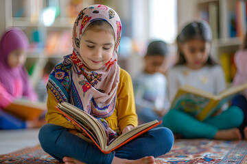 Arab girl enjoying a book in a colorful classroom library, back to school
