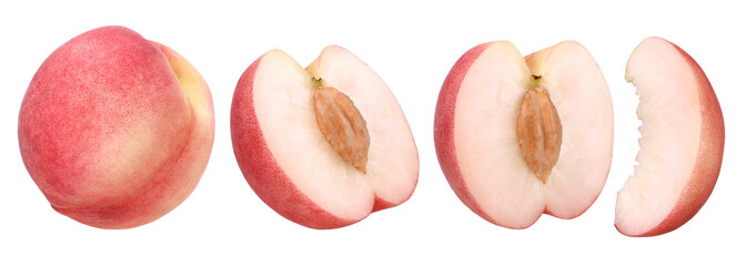 pink peach, half and slices fruit isolated, transparent PNG, PNG format, Japanese Peach, collection, set