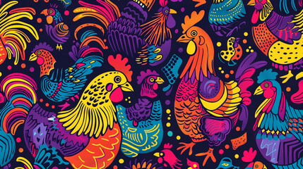 Psychedelic pattern with hens and roosters