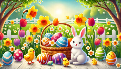 Fototapeta premium Joyful Easter Celebration in a Spring Garden: Adorable Bunny, Colorful Eggs, and Blooming Flowers
