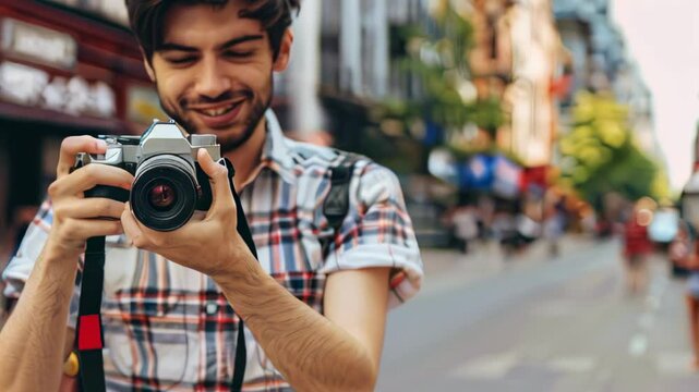 World Photography Day. man tourist using camera in street . ai generated - Powered by Adobe