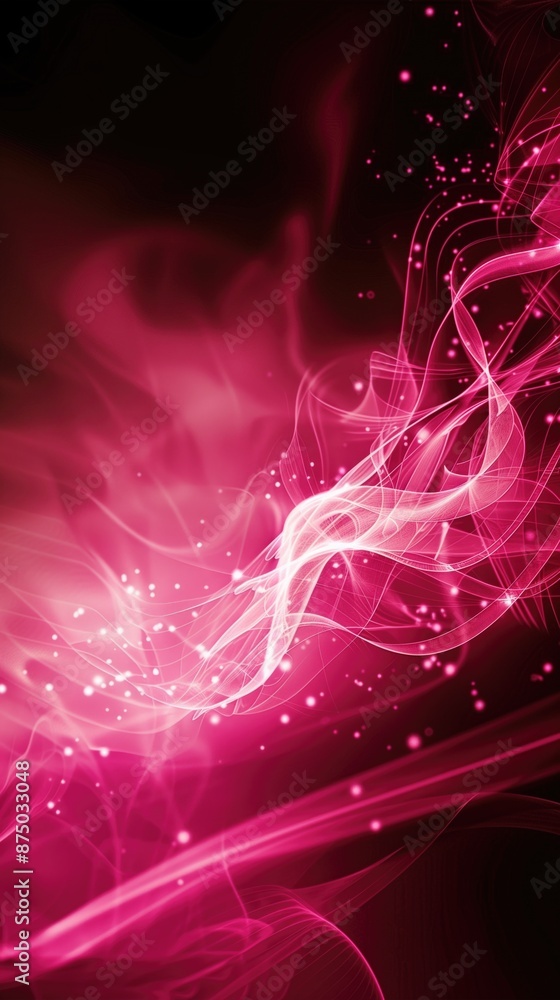Poster abstract pink and red waves with glowing particles on a dark background. digital art, design element