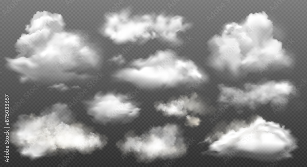 Canvas Prints vector set of white cloud, smoke or fog isolated on black transparent background. cloud overlay text