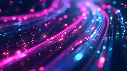 Obraz premium Abstract depiction of glowing fiber optic cables. Digital image of glowing neon vibrant color light path with dark background. Technology and communication concept for design and wallpaper.
