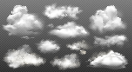 Vector set of white cloud, smoke or fog isolated on black transparent background. Cloud overlay texture, fire smoke wave or smoking explosion effect. Nature sky, cloud pattern or food smoke symbol art