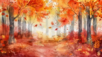 A vibrant watercolor painting of an autumn forest, with trees ablaze in reds, oranges, and yellows, and leaves falling gently. 