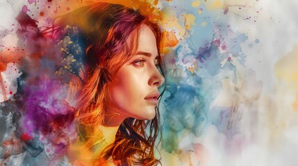 A vibrant watercolor portrait of a woman with flowing hair and abstract background elements