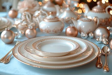 Elegant table setting featuring ornate china, gold cutlery, and festive decorations with soft lighting.