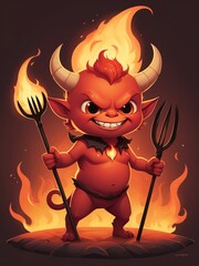 Generative AI. Devil Holding A Pitchfork With Flame Background. T-shirt Design