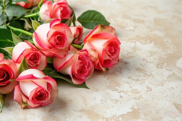 A close-up shot of pink and white roses laid on a light brown textured background, creating a romantic and elegant aesthetic