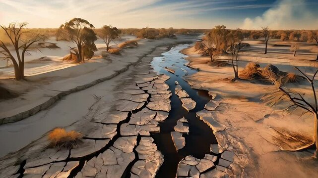dried-up riverbed and parched landscape representing severe drought conditions and water scarcity	