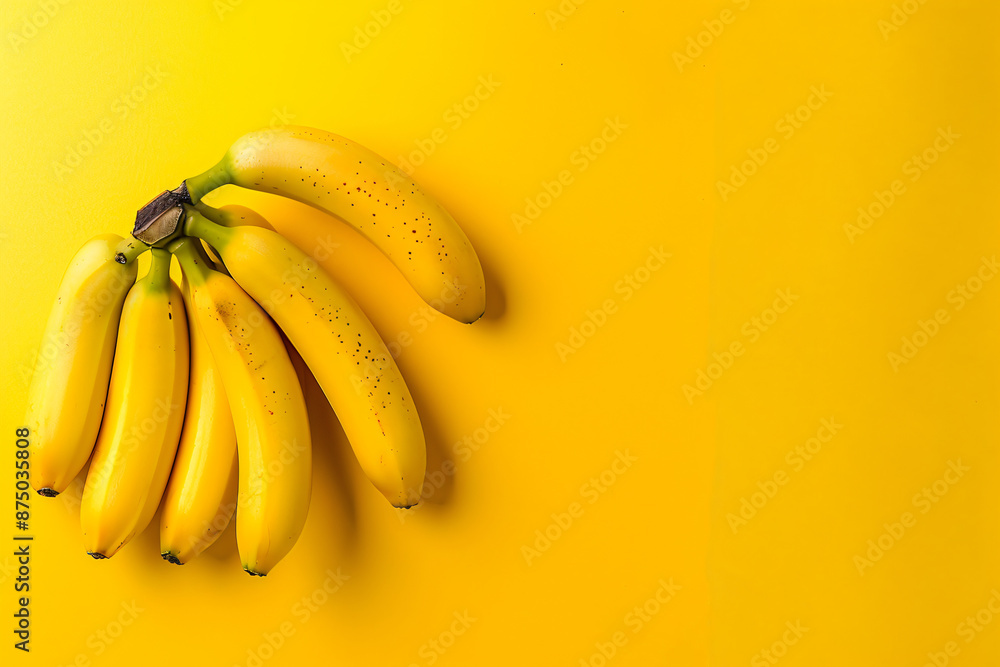 Poster a bunch of bananas on a yellow background, in a top view with copy space for text. in the style of a