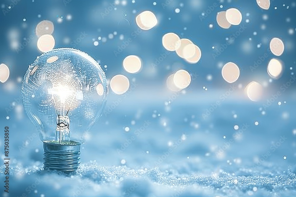 Aufkleber light bulb in a snowy landscape, blending elements of innovation and nature, with a soft blue light 