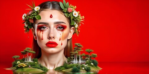 Woman portrait on a red background with flowers and red makeup wallpaper background