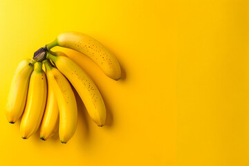 A bunch of bananas on a yellow background, in a top view with copy space for text. In the style of a flat lay.


