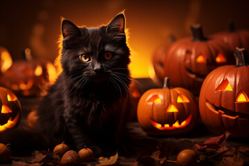 A black cat sitting on a pumpkin on Halloween night