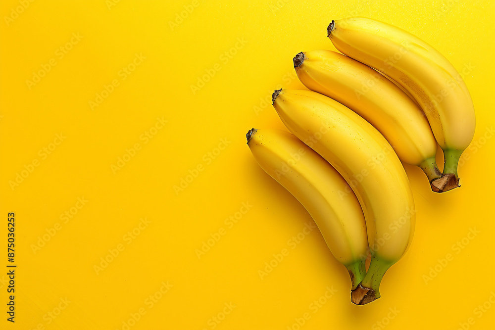 Poster a bunch of bananas on a yellow background, in a top view with copy space for text. in the style of a