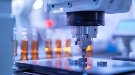 Close up of a mechanical arm examining a sample on a table in a laboratory.