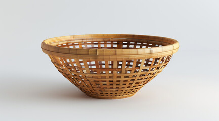 A bamboo basket with a wide rim and flat bottom, made of thin strips that have been woven together to form the bowl shape 2