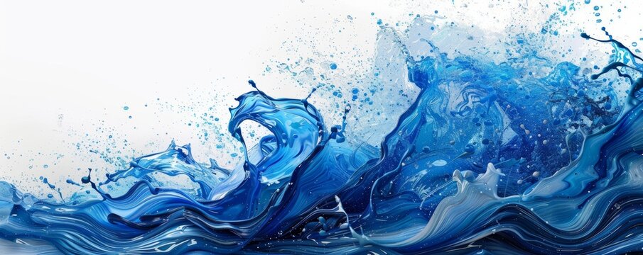 Vibrant blue paint splash and wave on a white background, creating dynamic energy and fluid motion in an abstract art design.