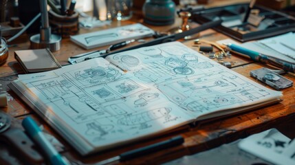 Hand drawn sketches of a technical design in a notebook.