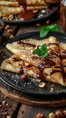Crepes topped with chocolate sauce, chopped hazelnuts, and a sprig of mint