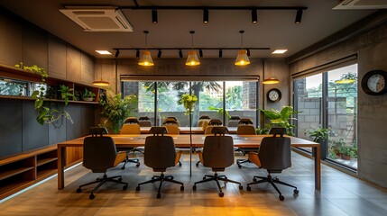 A Luxurious Hostel Co-working Space with a Sophisticated Design, featuring modern amenities and an elegant atmosphere