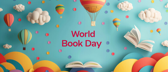 Colorful hot air balloons and books in a whimsical sky with clouds and confetti. Celebration of World Book Day, reading promotion, educational events, global literacy, festive background.