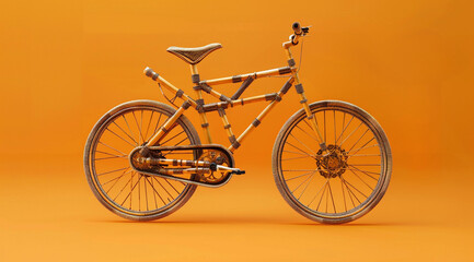 Fototapeta premium A bamboo bicycle, intricately woven with natural materials and adorned with isometric view detailed designs, set against a orange