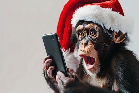 surprised monkey in santa hat holding  smart phone and making emotional shocked face, sensational or hot news on internet for christmas holiday