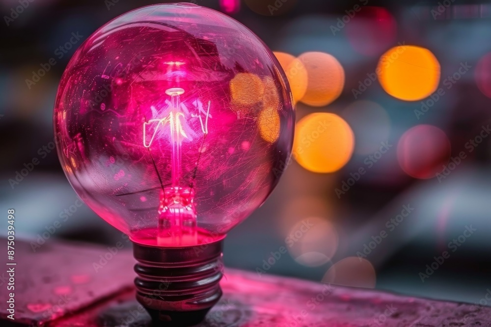 Poster pink neon light bulb glowing in a dark setting with bokeh lights, creating a vibrant and energetic a