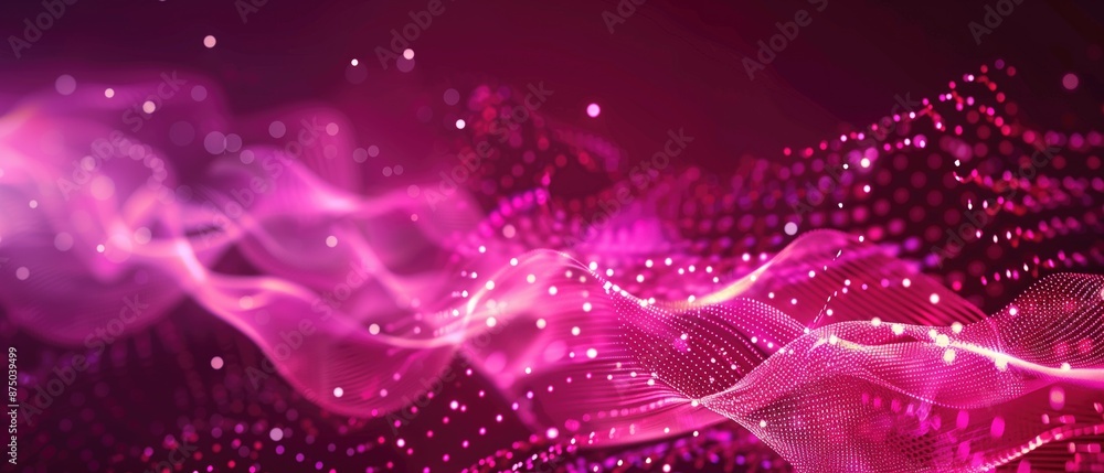 Poster abstract digital wave of pink particles on a dark background with flowing lines and dots. technology