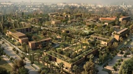 Obraz premium A digital simulation of a sustainable urban development project, featuring green spaces and energy-efficient building designs