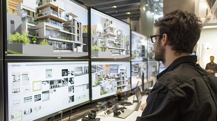 A virtual design studio with architects and engineers collaborating on a BIM project, using interactive touchscreen displays