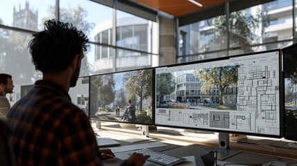 A virtual design studio with architects and engineers collaborating on a BIM project, using interactive touchscreen displays