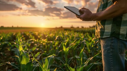 Farmer inspecting corn field and using tablet computer