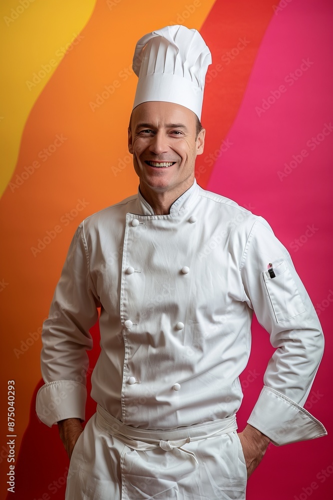 Wall mural a portrait of a smiling chef wearing a white chef's hat and jacket, standing in front of a vibrant c